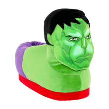 Load image into Gallery viewer, Hulk plush slippers in bright green with the character's furrowed brow