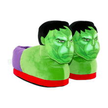 Load image into Gallery viewer, HappyFeet Hulk slippers, green Avengers-themed plush house shoes