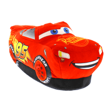 Load image into Gallery viewer, Lightning McQueen plush slippers in bright red with Cars racing decals and embroidered eyes