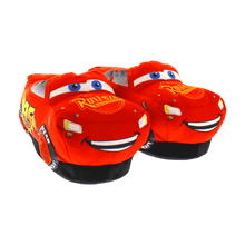 Load image into Gallery viewer, Red Lightning McQueen character slippers, soft plush upper with lightning bolt racing details