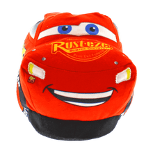 Load image into Gallery viewer, HappyFeet Lightning McQueen slippers showing the plush race car face and grille styling