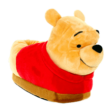 Load image into Gallery viewer, Winnie the Pooh plush slippers in yellow with the bear's face and red shirt